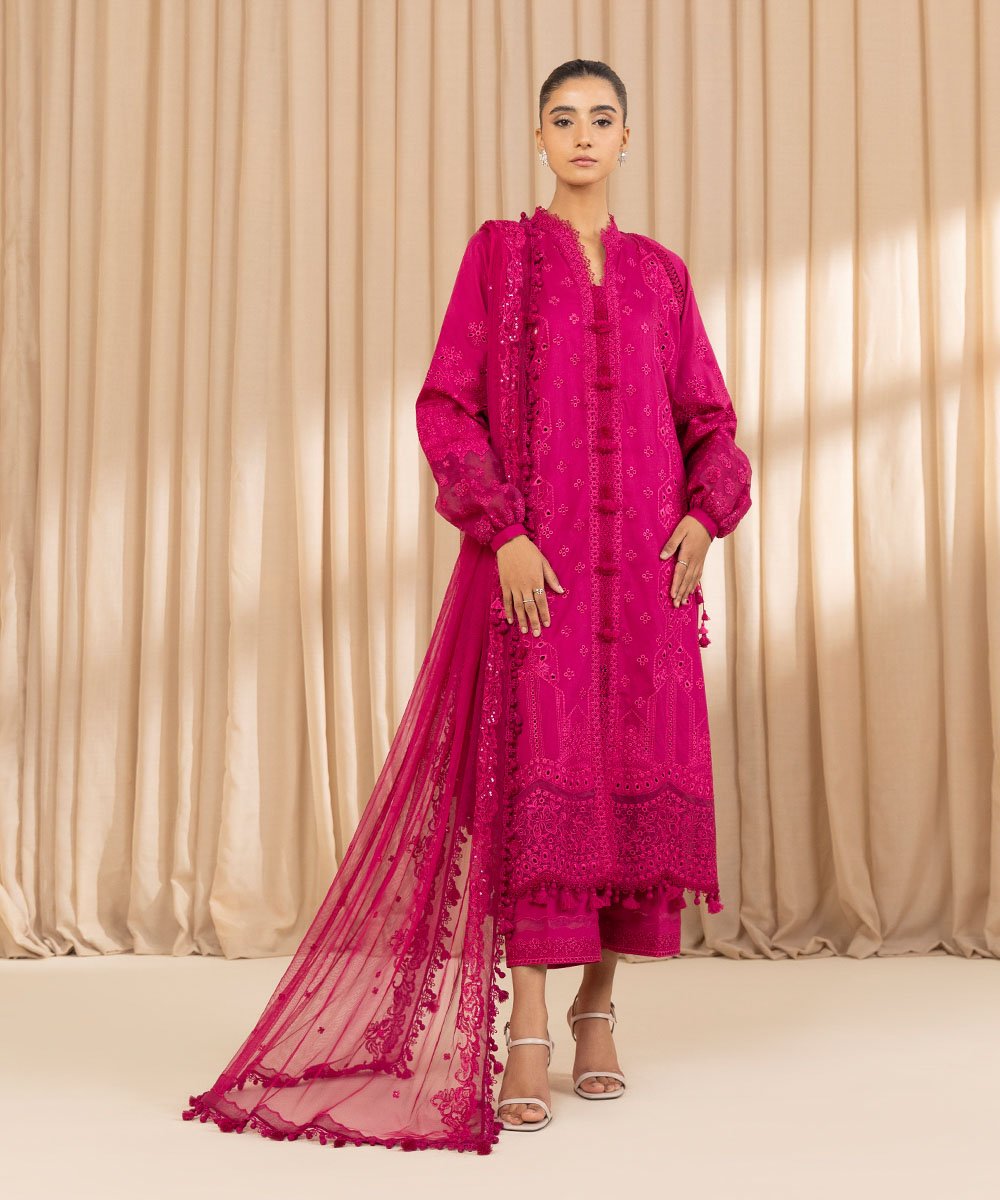 Women’s Embroidered Fine Cotton Satin suit in Magenta